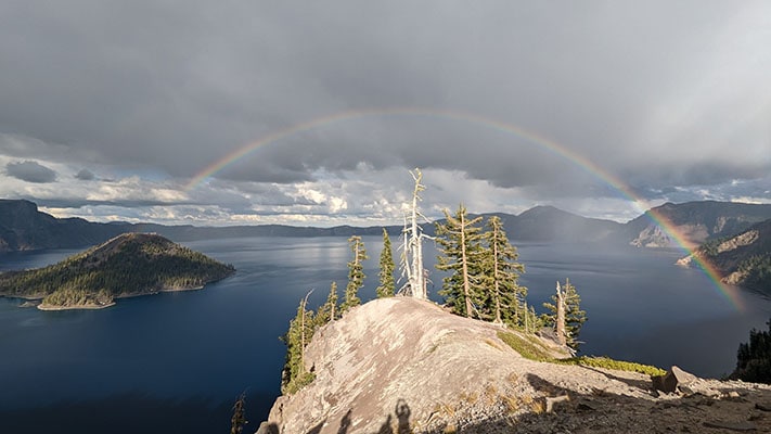Rainbow over the lake at Crater Lake National Park