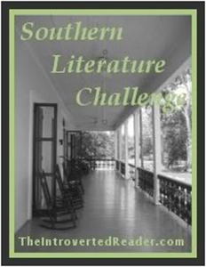 A black-and-white photo of a front porch with a row of rocking chairs that reads "Southern Literature Challenge"