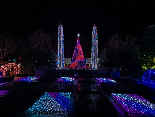 A tall lighted Christmas tree in the distance with squares of lights in the foreground