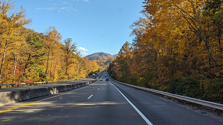 A highway passing through orange and yellow trees heading toward a low mountain in the distance