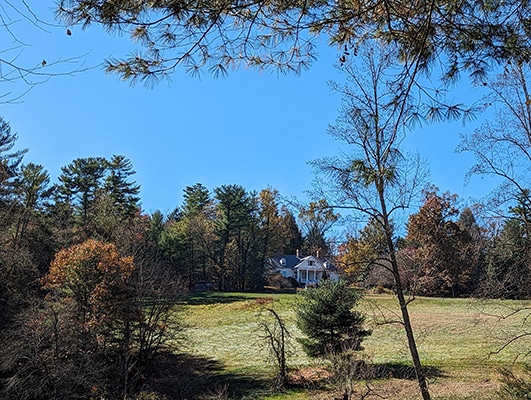 A view of the Carl Sandburg home, a 2-story white house on a hilltop with trees behind it