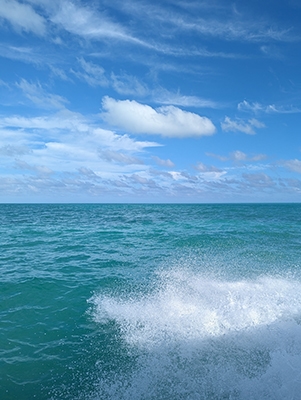 White spray from a boat, vibrant blue water, blue sky, and clouds