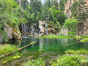 Small rivulets fall from a short, mossy cliff into a vibrant green pool