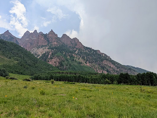 Jagged peaks rise above a distant forest and a nearer green meadow