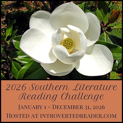 A close-up of a white magnolia flower and text with basic details of the 2026 Southern Literature Reading Challenge