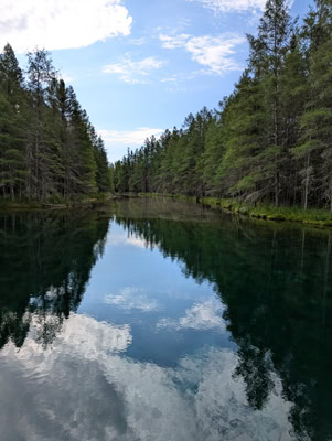 Trees and a blue sky with puffy white clouds are reflected in a waterway below